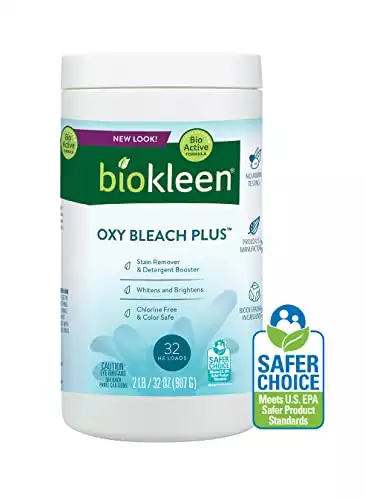 Biokleen Laundry Oxygen Bleach Plus 32 HE Loads – Concentrated Stain Remover, Whitens & Brightens, Eco-Friendly, Plant-Based, No Artificial Fragrance or Preservatives, 2 Pounds, 32 Fl Oz