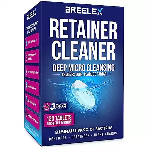 BREELEX Denture Cleaning Tablets - 120 Retainer Cleaner Tablets for Aligner, Mouth & Night Guard - FSA HSA Approved Products - Dental Cleanser for Nightguards- Fresh in 3 Minutes - 120 Tablets